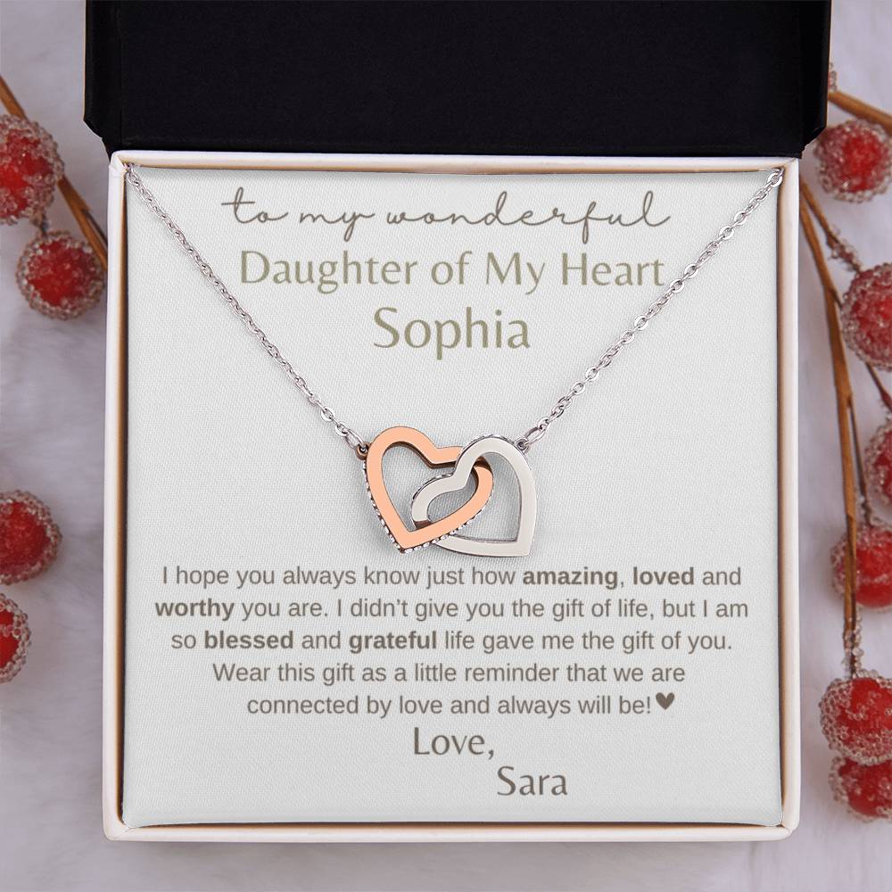 Bonus Daughter- Daughter of My Heart Personalized Interlocking Hearts Necklace Gift- FREE SHIPPING