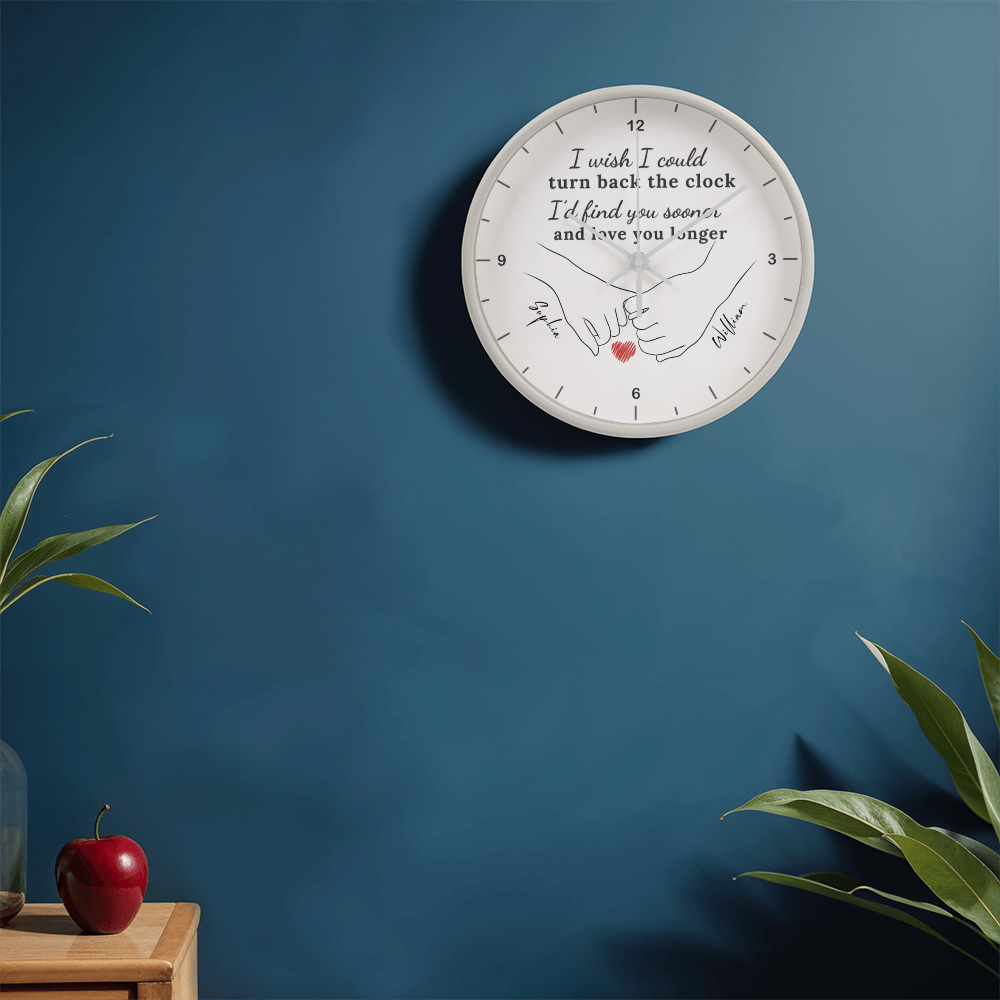 “Turn Back the Clock” Personalized Couple Wall Clock – Custom Names & Hand Illustration | Romantic Gift for Anniversary, Valentine’s Day, or Wedding